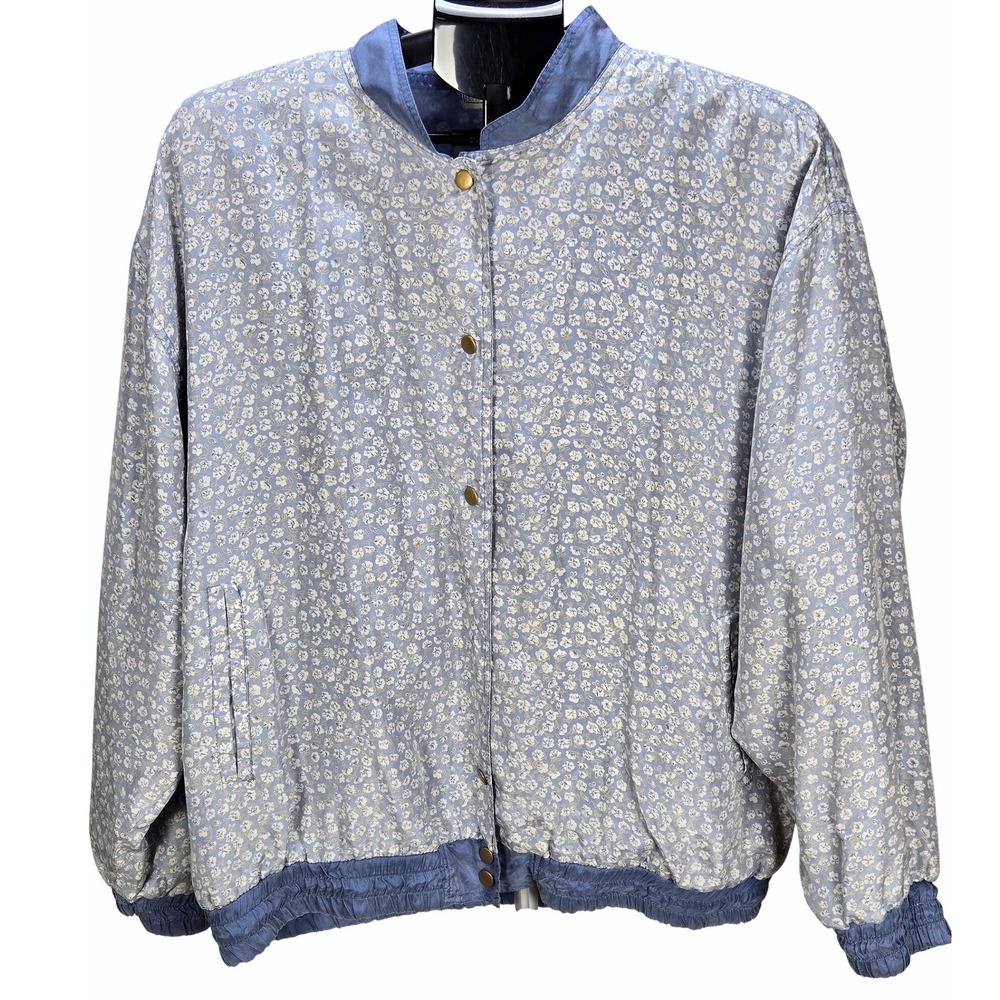 VTG Silk Exchange Lrg Blue Floral 100% Silk Bomber Jacket Cottagecore Coquette